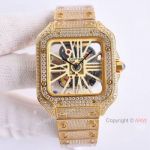 Luxury Cartier Santos 100 Skeleton Men Watch Yellow Gold Full Iced Watches